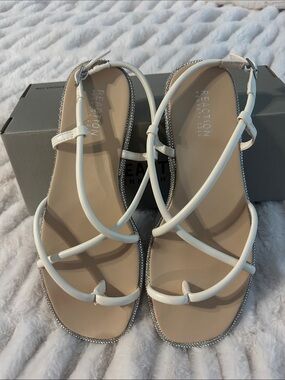 Kenneth Cole Reaction White Strappy Rhinestone-Edge Flat Sandals